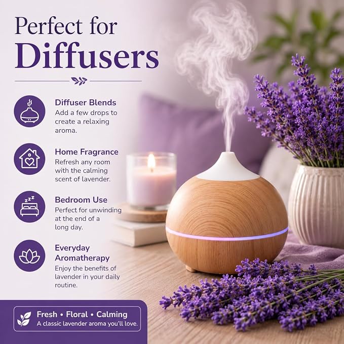 GreenHealth Lavender Essential Oil – 1/2 fl oz (15 ml) Amber Glass Bottle w/Euro Dropper – 100% Pure & Uncut – Lavender Oil for Diffusers, Aromatherapy, Candles, Soaps & DIY