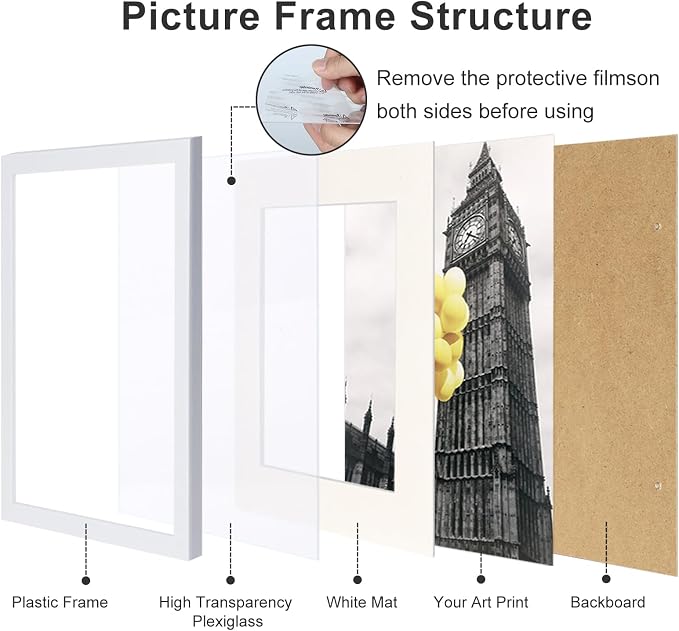 5x7 Picture Frame Set of 9, Display Pictures 4x6 with Mat or 5x7 without Mat, Multi Collage Gallery Square Photo Frames for Wall or Tabletop, White