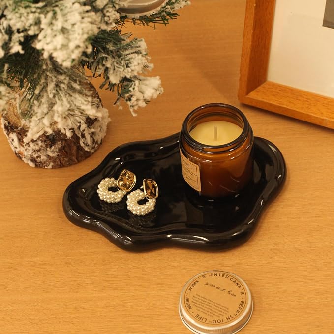 CCINPPY Ceramic Cloud Jewelry Tray Trinket Dish Key Bowl Nightstand Decor | Decorative Small Desk Tray Jewelry Plate Key Holder Bowl Cute Bedroom Room Decor Aesthetic, Gift for Women, Black Medium