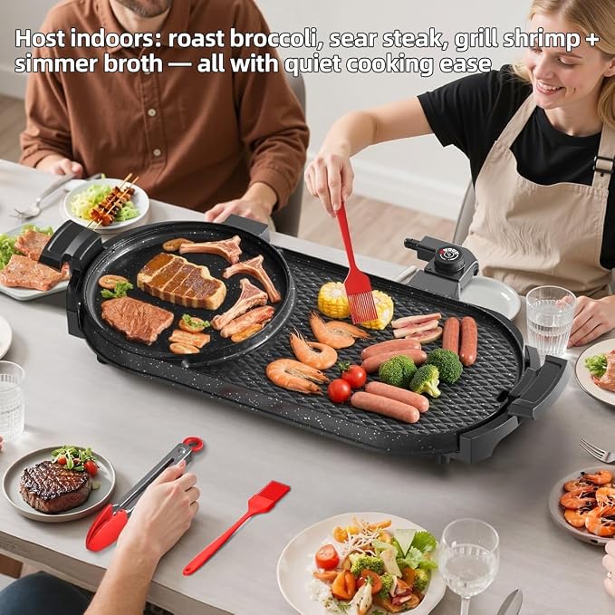 AORAN Electric Grill and Hot Pot Combo for Indoor Cooking, 2200W Detachable Dual Zone BBQ Griddle with Removable Split Pan, Non-Stick Surface, 29x11 Inch Family Size, Includes Grill Tools & Oil Paper