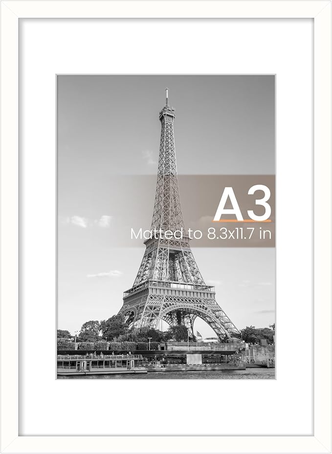 upsimples A3 Picture Frame, Display Pictures 8.3x11.7 with Mat or 11.7x16.5 Without Mat, Wall Hanging Photo Frame, White, 1 Pack