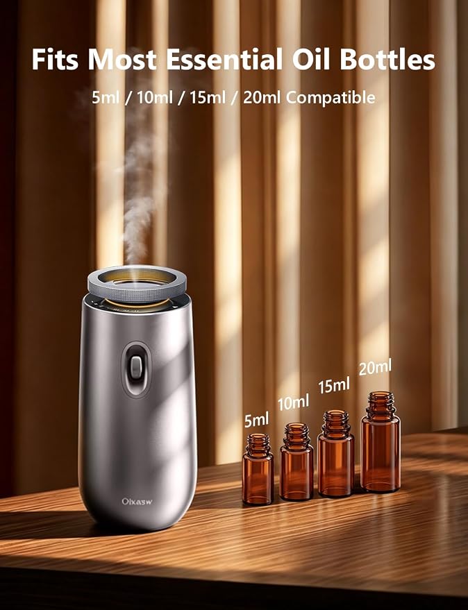 Waterless Essential Oil Diffuser with 2x10mL Oil, Battery Operated,Portable | Oil-Saving Design | Smart Memory | Aluminum | 3 Mist Levels | 3 Ambient Light Modes | Ultra Quiet | for Home Office Car