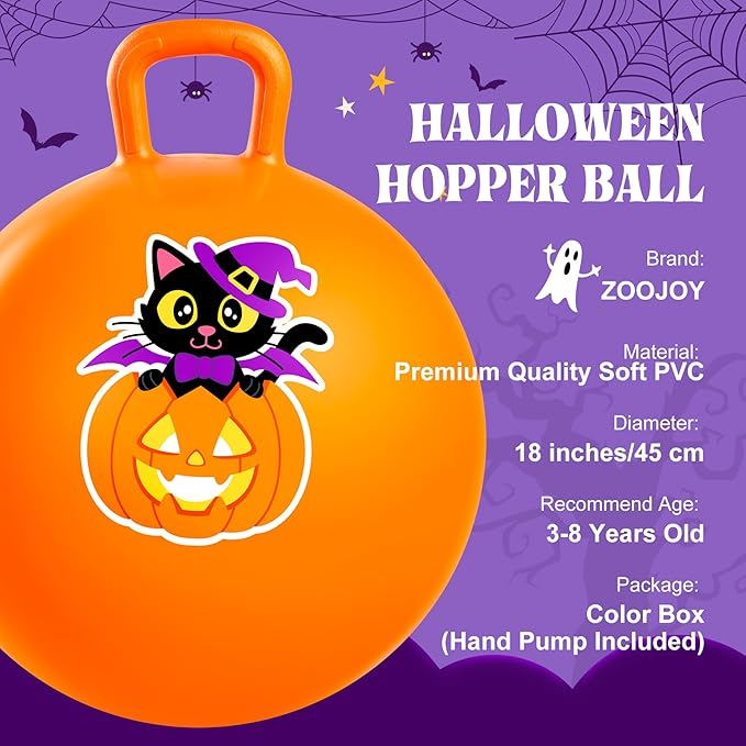 ZOOJOY Halloween Toys for Kids Hopper Ball Aged 3-8, 18In Bouncy Balls with Pumpkins, Inflatable Hoppity Hop Ball with Handle, Indoor Outdoor Jumping Hopping Toys for Boys Girls