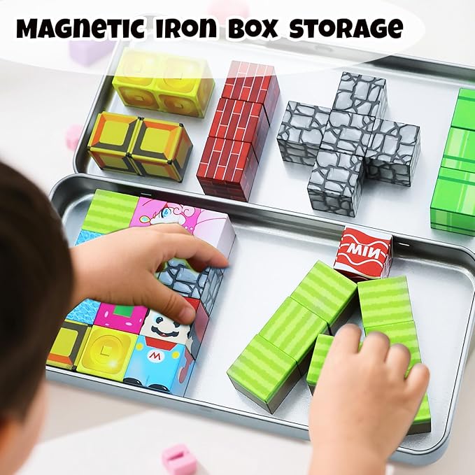 Mini Magnetic Cubes, 35PCS Toddler Educational Travel Building Toys with Iron Storage Box, Birthday Gift for Boys Girls 4-8, STEM Learning Set for Kids 3-5