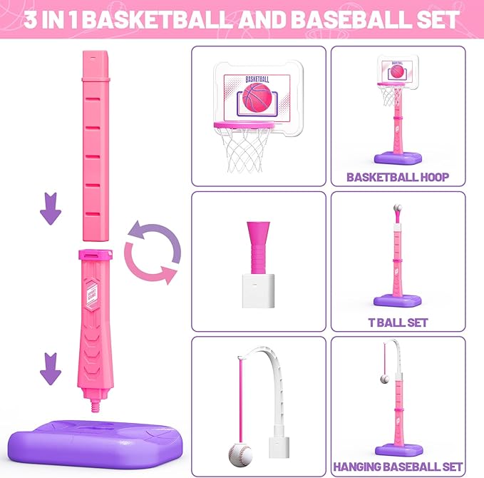 3 in 1 Kids Basketball Hoop and T Ball Set, Adjustable Height Toddler Basketball Hoop, Hanging Tee Baseball, Indoor Outdoor Sports Toys Gifts for Toddlers Boys Girls Ages 3 4 5 Year（Blue