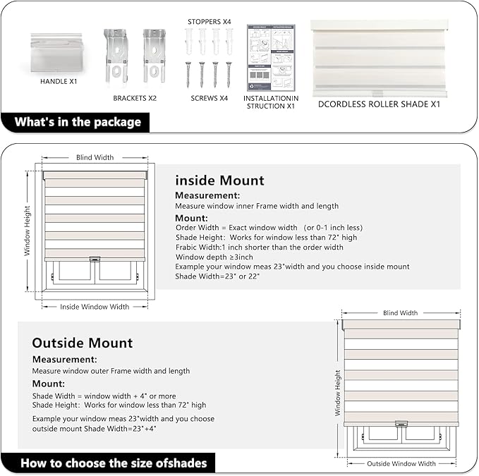 AOSKY Cordless Zebra Blinds for Windows Pull Down Roller Window Shades Dual Layer Light Filtering Privacy for Day and Night, Free-Stop Door Shades for Home Easy to Install (25" W X 72" H, Beige)
