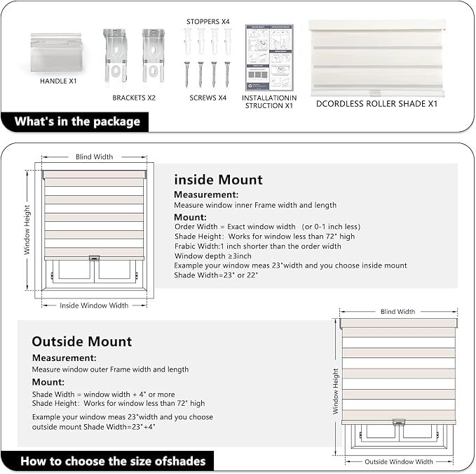 AOSKY Cordless Zebra Blinds for Windows Pull Down Roller Window Shades Dual Layer Light Filtering Privacy for Day and Night, Free-Stop Door Shades for Home Easy to Install (29" W X 72" H, Beige)