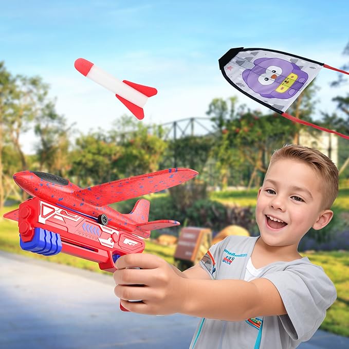 4PCS Airplane Launcher Toys, EVA Foam Glider Catapult Plane Toy for Kids Flying Toy - Fun Outdoor Flying Toy for Children Birthday Gifts for Boy Girl, Party Supplies,Red