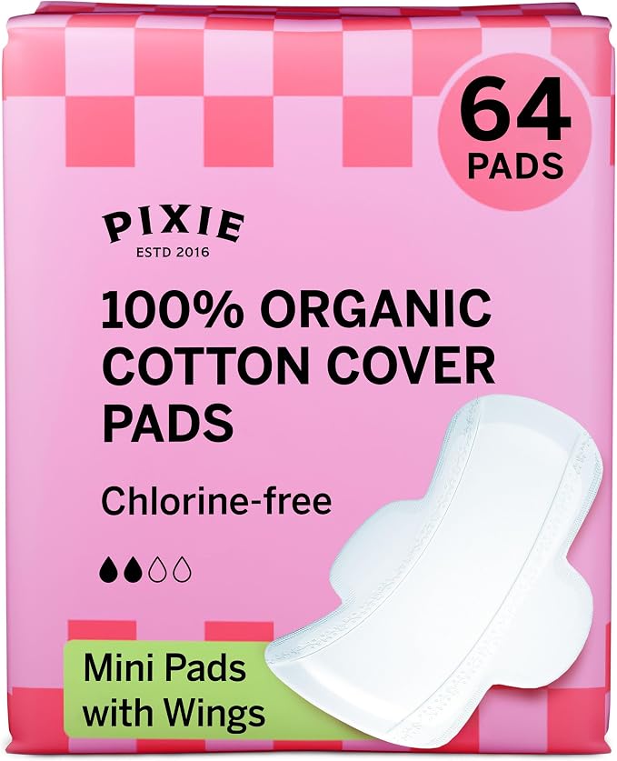 Pixie Organic Pads Cotton Ultra Thin Mini Pads for Teens - Liners with Wings - Light Absorbency Menstrual Pads - Hypoallergenic, Unscented & Biodegradable for Feminine Care - FSA Eligible - 64 Count