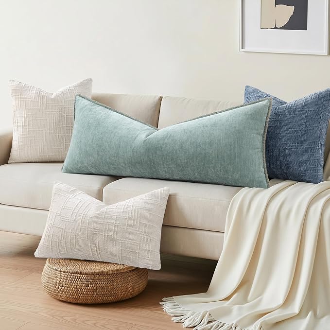 decorUhome Soft Chenille Throw Pillow Covers 14x36 Pack of 1 Aqua Haze | Fall Textured Decorative Throw Pillow Cases Stitched Edge Modern Farmhouse Luxury Boho Velvet for Couch Sofa Bed Home Decor