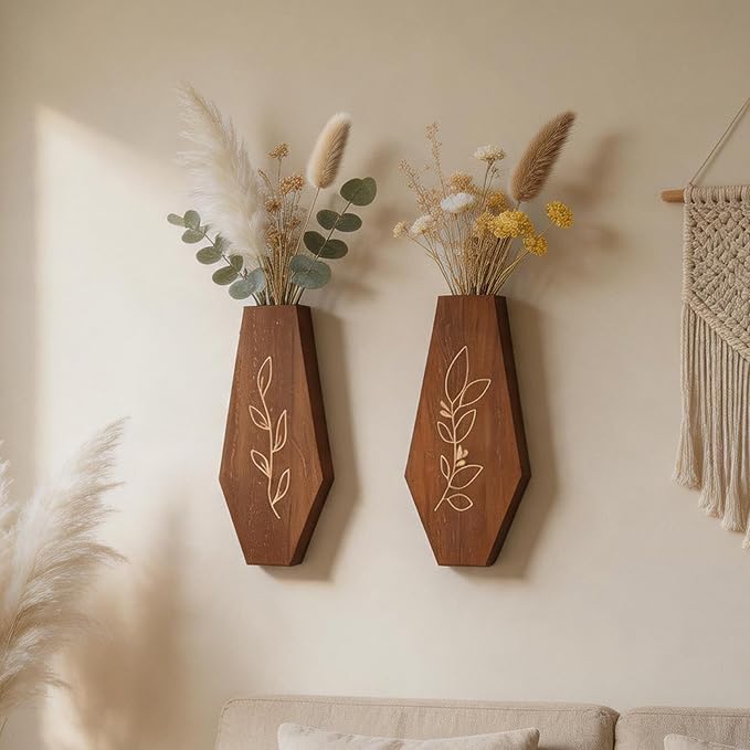 Wood Wall Planter 2 Pack, Modern Farmhouse Wall Decor Mounted Wooden Vase Set, Hanging Planter for Indoor Plants, Boho Wall Decor for Living Room, Entryway, Hallway, Bathroom (Brown)