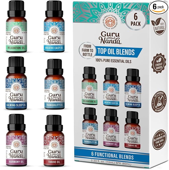 GuruNanda Essential Oil Blends – 6 Pack (10mL Each), Breathe Easy, Tranquility, Relaxation, Harmony, Calming Sleep & Thrive, Natural Aromatherapy Oils for Diffuser, Wellness & DIY