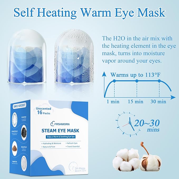 16Packs Steam Eye Mask, Heated Eye Mask for Sleeping, Warm Compress for Eyes, Self Heating Disposal Steam Mask for Home Sleep, Office, Spa, Travel Essentials Mothers Day Gifts (Unscented)