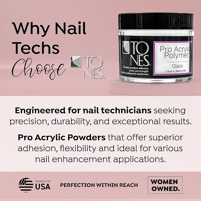 Tones Pro Acrylic Nail Cover Powder, Glass (Clear), (3.5 Fl Oz) - Bubble Free Long-Lasting & Non-Yellowing Polymer Acrylic Nail Powder for Salon & Home Quality Nail Carving Extensions & 3D Art