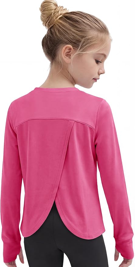 Gogokids Girls Shirts Long Sleeve Athletic Shirts Open Back Tops Active Sports Tshirts Yoga Workout Crop Tees 5-14 Years