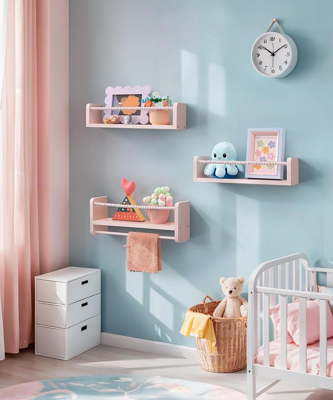 Maxpeuvon Nursery Book Shelves for Wall, Pink Floating Shelves Set of 3 | Natural Wood Nursery Shelves, with Towel Bar, Storage Shelf for Books, Toys and Decor, for Kids Room, Playroom, Bedroom