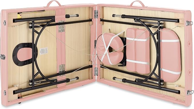 Saloniture Professional Portable Lightweight Tri-Fold Massage Table with Aluminum Legs - Includes Headrest, Face Cradle, Armrests and Carrying Case, Pink