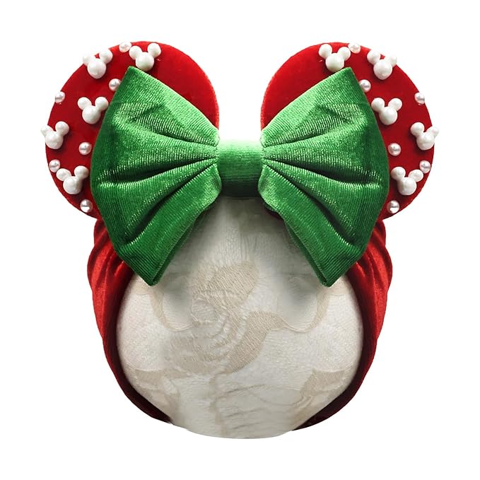 JIAHANG Christmas Mouse Ears Turban Headwrap with Pearls, Velvet Hair Bow Hairband with Beadings for Baby Girls Infants Toddlers Kids