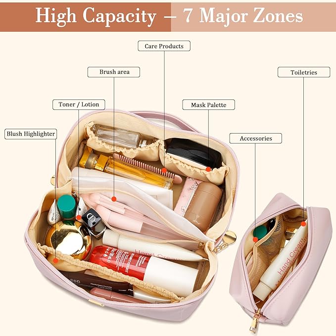 Birthday Gifts for Women Teen Girl, Personalized Initial Makeup Organizer Bag Set, Open Flat Travel Cosmetic Bag With Clear Divider and Handle(Pink,N)