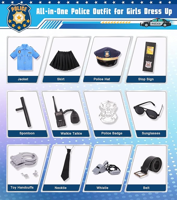 Meland Police Officer Costume for Girls - Halloween Dress Up for Girl Age 3-12, Role Play Outfit for Halloween Career Day