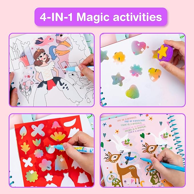 Avenir Reusable Water Coloring Book for Toddlers 3-5 Years, Road Trip & Airplane Mess-Free Portable Educational 4 in 1 Creative Set Water-Reveal Paint Activity Doodle Pad Kids Art Crafts