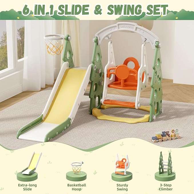 XJD 4-in-1 Toddler Slide and Swing Set, Kids Slide for Toddlers Age 1+, Toddler Outdoor Playset with Basketball Hoop, Swing, Christmas Birthday Gifts for Kids (Green)