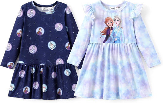Disney Frozen Elsa Stitch Princess Minnie Mouse Toddler Girl Dresses 2 Pack Ruffle Long Sleeve Dress Set (3 Months - 6 Years)