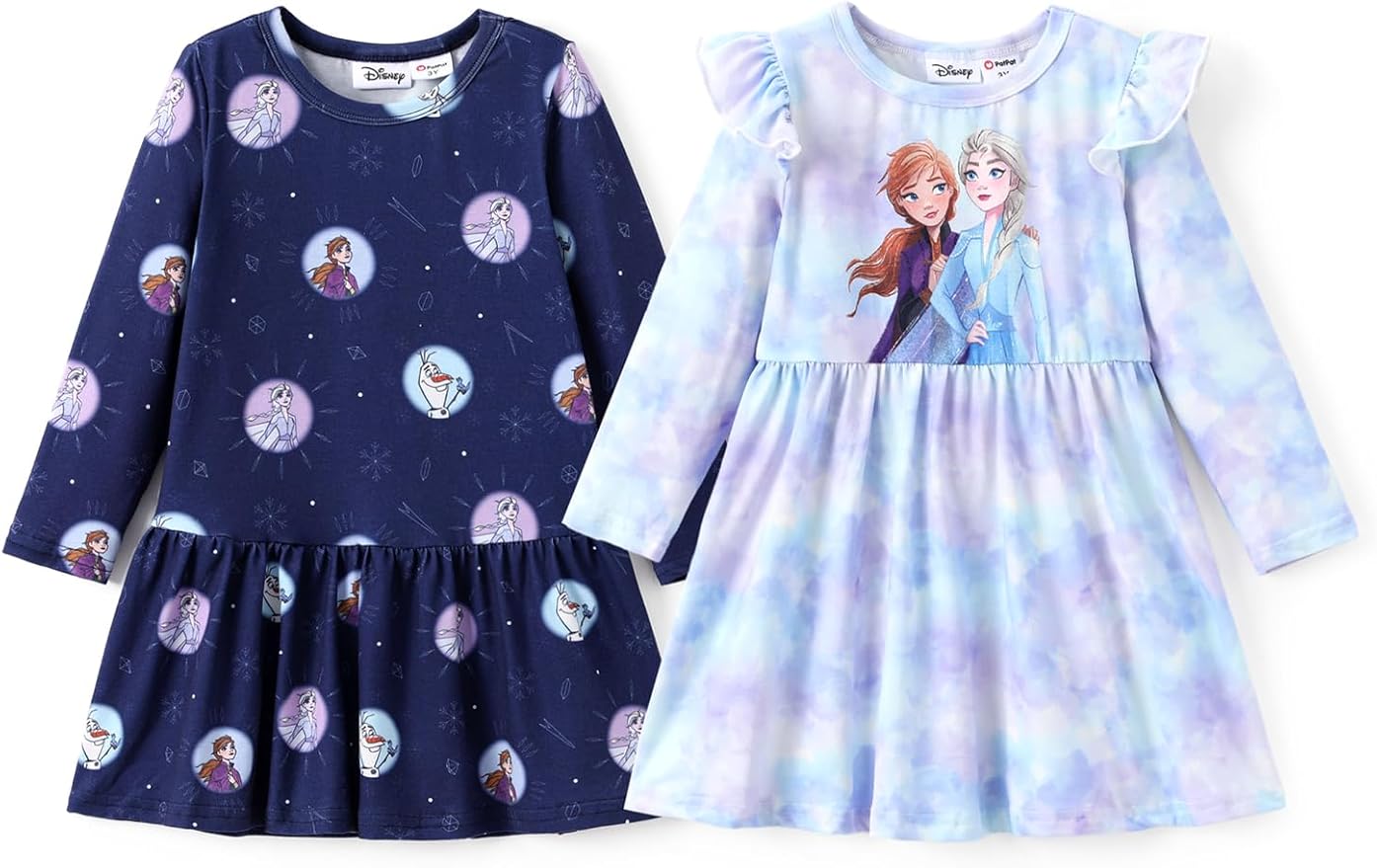 Disney Frozen Elsa Stitch Princess Minnie Mouse Toddler Girl Dresses 2 Pack Ruffle Long Sleeve Dress Set (3 Months - 6 Years)