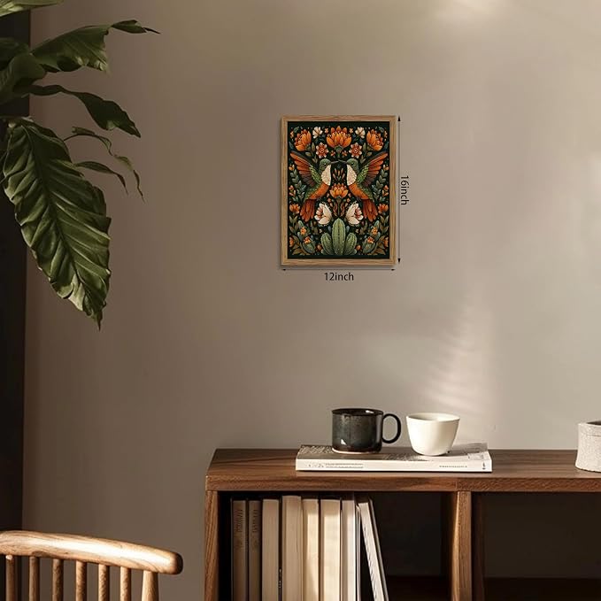 Framed Mexican Hummingbird Wall Art, Vintage Birds Animal Canvas Wall Decor Painting, Colorful Floral Cactus Botanical Poster Print Picture for Living Room Bedroom Bathroom 12x16 Inch