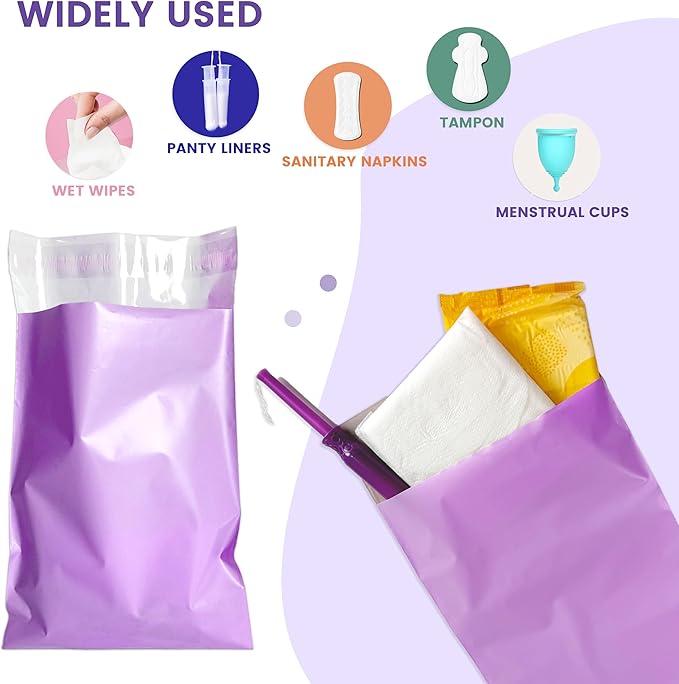 Disposal Sanitary Napkin Bags, 100 Pcs, Purple Disposable Plastic trash bag with Self-sealing for Odor-proof, disposal of Feminine Hygiene or Pet Waste, 10" x 6"