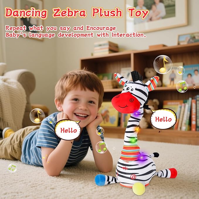 LUKETURE Dancing Talking Zebra Plush, Interactive Stuffed Animal Toy, Musical Plush with Record & Repeat, Sings 10 Songs, LED Lights