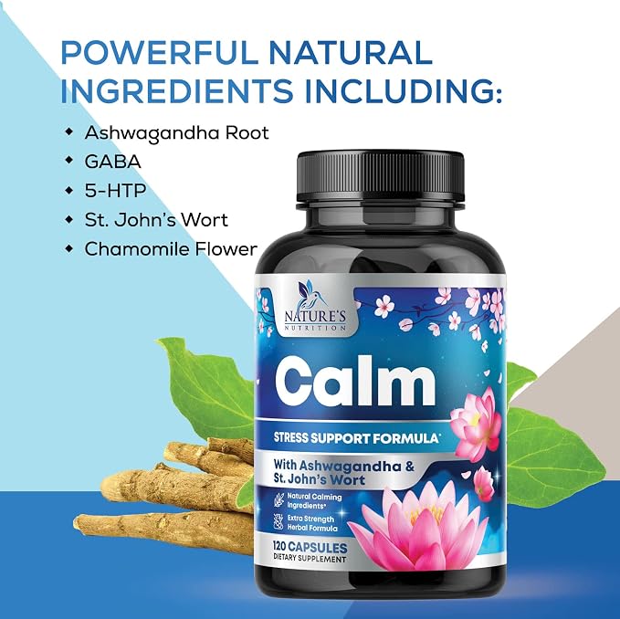 Stress Support Supplement - Extra Strength Ashwagandha, GABA, Magnesium, L-Theanine for Relief - Supports Mood & Focus - Naturally Calm, Unwind & Relax - Eases Tension & Nervousness - 120 Capsules