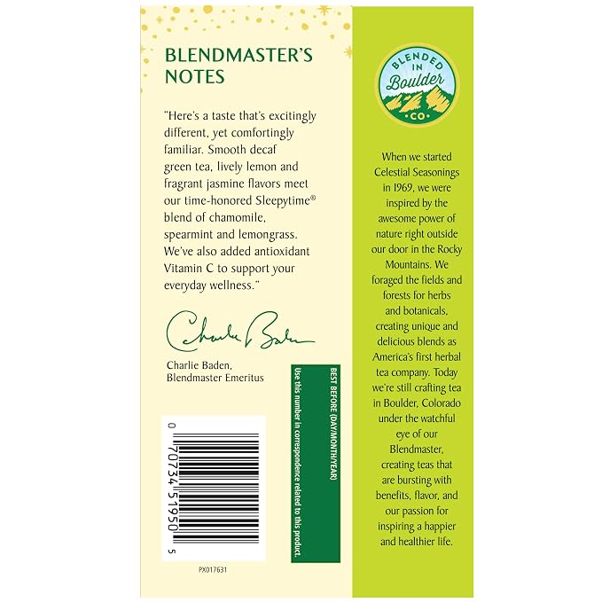Celestial Seasonings Sleepytime Decaf Lemon Jasmine Green Tea Bags 20 Tea Bags