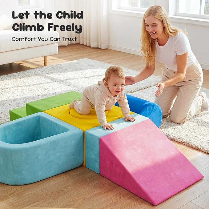 Teckid Toddler Climbing Toys, 7-Piece Colorful Foam Blocks, Indoor Soft Play Gym for Crawling, Climbing and Sliding, Modular Play Set Ages 1-3, No Ball Included
