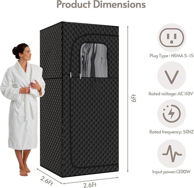 ENSTVER Home Sauna 6FT Compact 1 Person，1200W Steam Fast Heating Sauna，Indoor Saunas Room with Foldable Chair