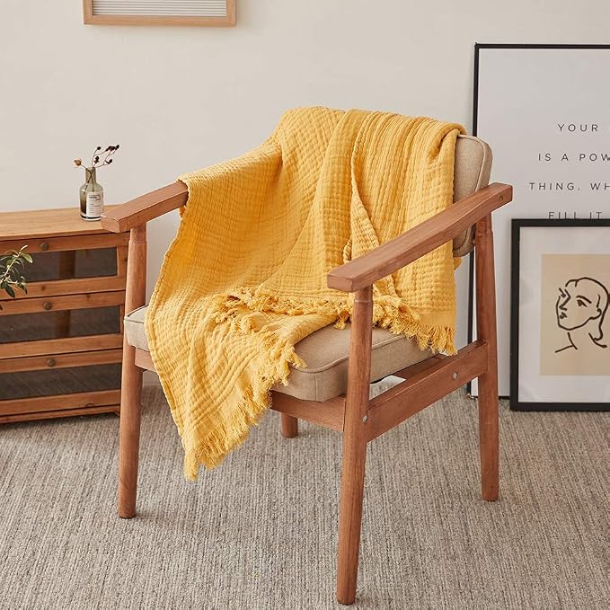 Simple&Opulence Cotton Muslin Throw Blanket for Bed, Couch, Knit Woven Gauze Blanket with Tassels, Soft Lightweight Cozy Pre-Washed Breathable Farmhouse Decoration for All-Season (Yellow)