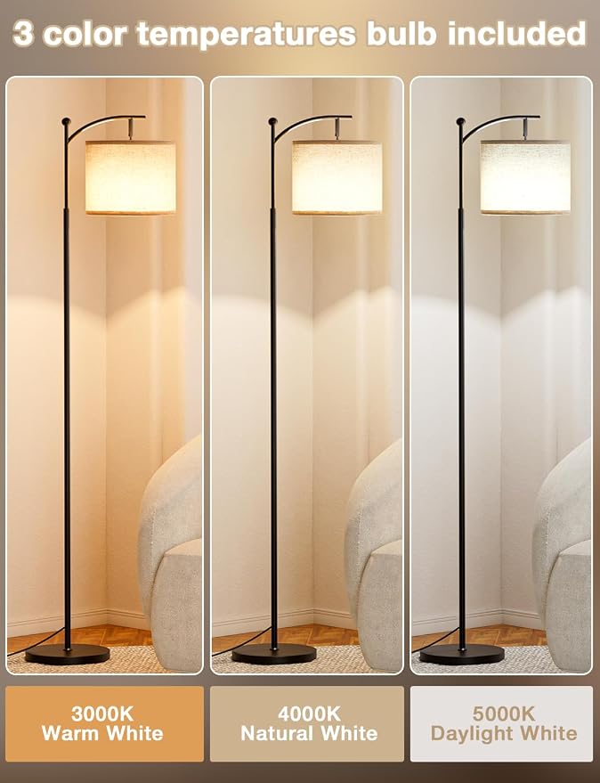 Ambimall Tall Floor Lamps with 3 Color Temperatures Bulb & Adjustable Linen Shade, for Living Room, Bedroom, Office, Classroom, Dorm Room (9W Bulb Included), Beige & Black, 60"