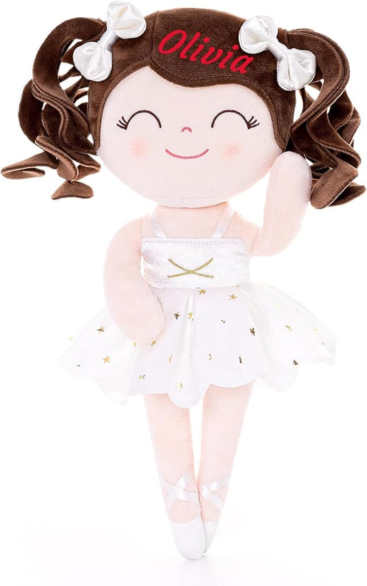 Gloveleya Personalized Ballerina Doll – Custom Name Baby Girl Gift, Soft Plush Rag Doll with White Ballet Dress, 13 Inches – Birthday, Baby Shower & Holiday Keepsake