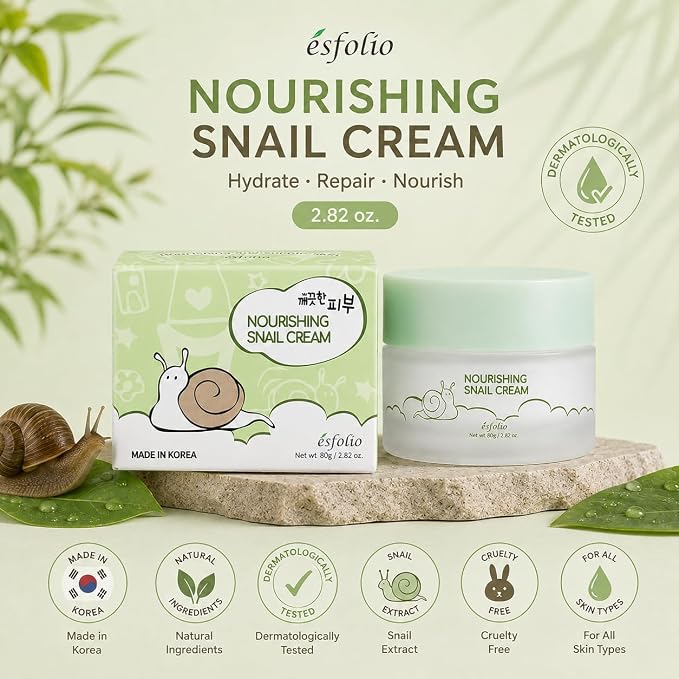 esfolio made in Korea Snail Nourishing Cream 2.82 Oz, Daily Facial Moisturizer with Snail Extract, Lightweight Face Cream for Soft and Comfortable Skin, Fast Absorbing Korean Skincare