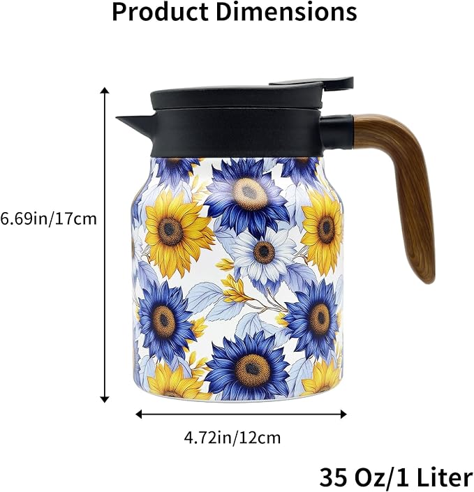 35 OZ Sunflower Vintage Floral Tea Pot with Infuser, Large Capacity Insulated Stainless Steel Tea Kettle, 12 Hour Hot/Cold Retention, Tea-Water Separation Loose Leaf Tea Steeper for Hot Drinks