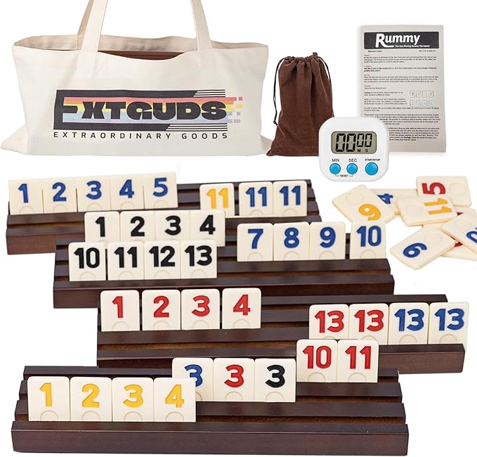 2-4 Player Rummy Cube Game Set, with 4 Wooden Racks/Trays, 106 Large Tiles Rummy Cube Game Set with Canvas Bag, Rummy Tiles Travel Set with 4 Tiles Holders for Classic and Funny Party Games,for Adults