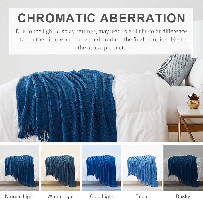 BOURINA Royal Blue Throw Blanket 50x60 Inch Knitted Soft Throw Sofa Blanket | Knitted Throw Blanket 50x60 Inches, Soft Lightweight Boho Weave Throw Decorative Couch Blanket for Living Room Bedroom Chair