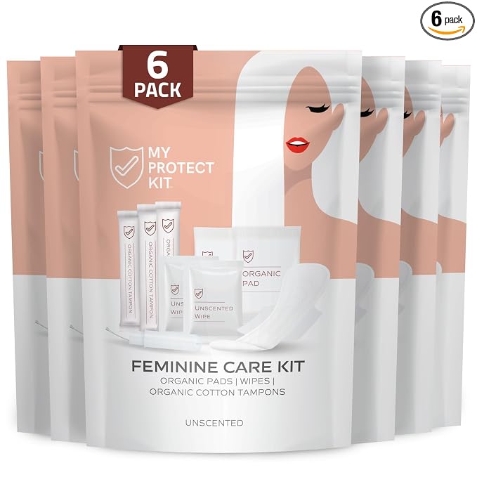 MY PROTECT KIT Feminine Care Kit - 11 Pieces First Period Kit, Compact Hygiene Set for Women, Essentials with Cotton Tampons, Organic Pads & Wipes, Pack of 6