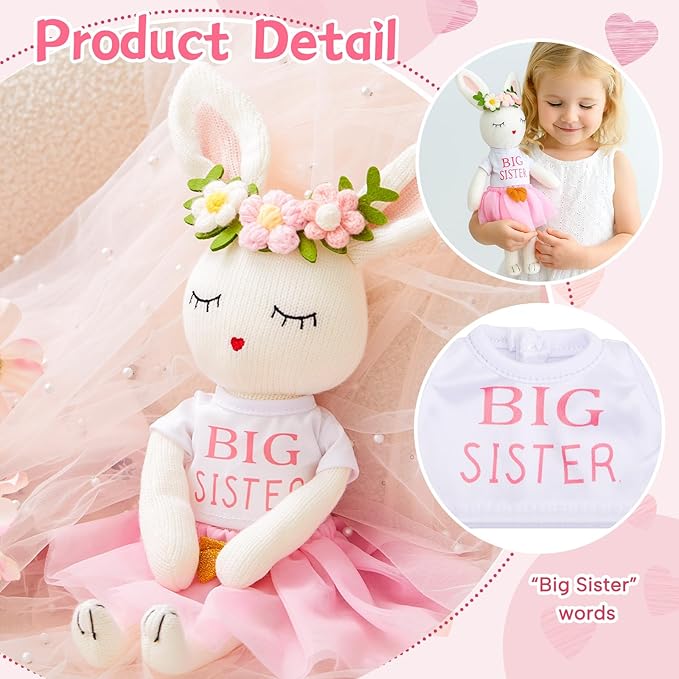 Big Sister Gift for Girls 17 Inches Rabbit Stuffed Plush Doll Short Sleeve Top and Pink Tutu Skirt Gifts for Girls Toddler