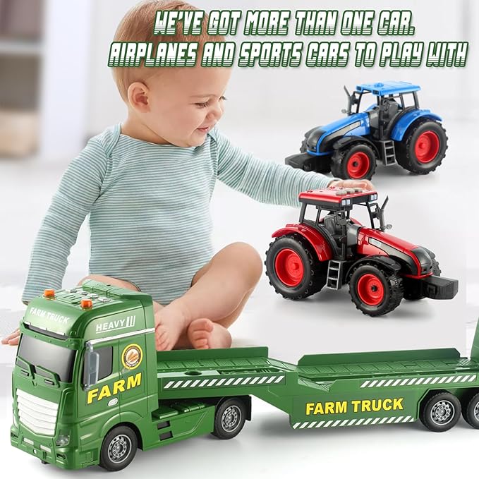 25" Semi Truck Farmer Truck Trailer Friction Powered Vehicles, 3 in 1 Includes 2 Farmer Tractor Push & Go Farming Toys Playset for Boys Kids Toddlers Age 3+