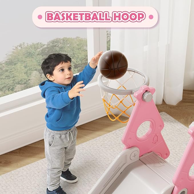 KORIMEFA 4-in-1 Kids Slide and Swing Set, Toddler Slide with Basketball Hoop, Swing, Outdoor Indoor Playground for Toddlers 1-3 Pine Shape Design(4 in1-Pink)