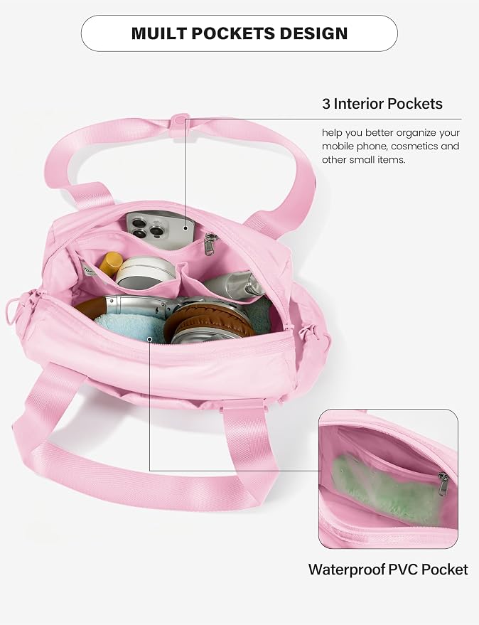 Uselike Small Gym Bag for Women, 7L Mini Duffle Bag for Travel, Lightweight Quilted Puffer Bag for Daily, Cute Shoulder Bag for Dance with Wet Pocket (Pink)