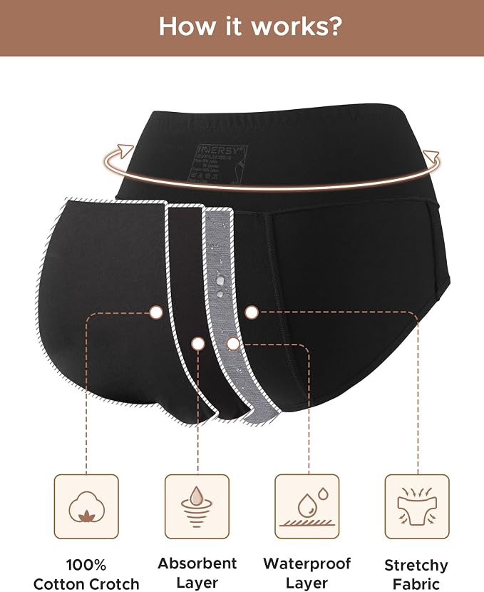 INNERSY Period Underwear for Women Leakproof High Waisted Menstrual Cotton Panties 3 Pack