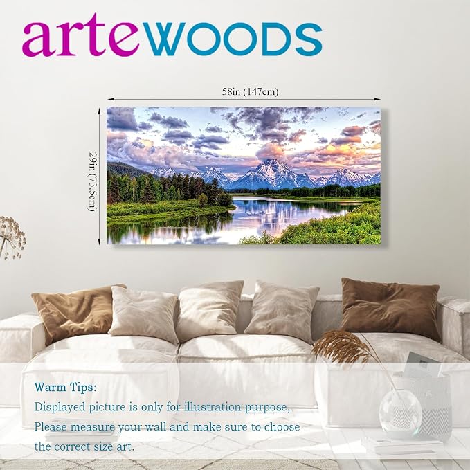 arteWOODS Nature Canvas Wall Art - Mountain River Forest Picture Oxbow Bend Grand Teton Landscape Wall Decor Artwork Green Painting Print for Living Room Bedroom Home Office Decoration 29" x 58"
