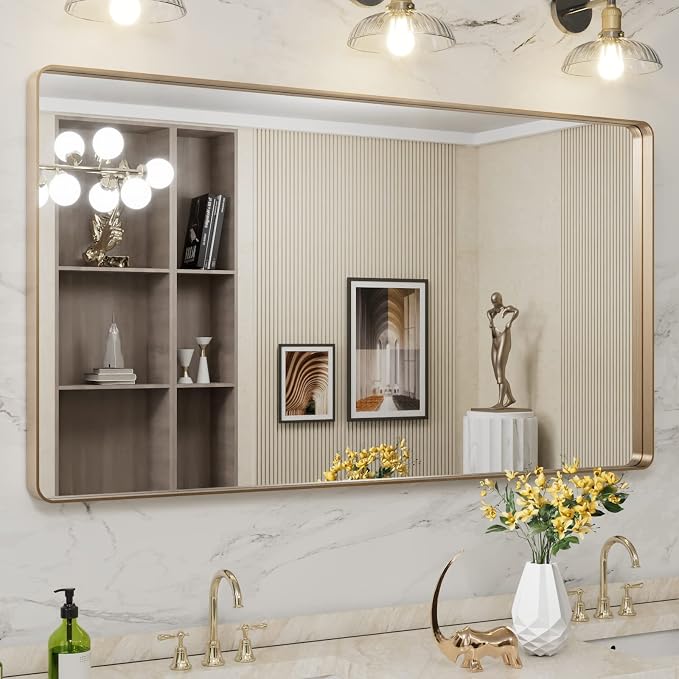 LOAAO 55"X30" Gold Bathroom Mirror | Rounded Rectangle, Brushed Gold Frame, Wall-Mounted, Anti-Rust, Tempered Glass, Hangs Horizontally or Vertically